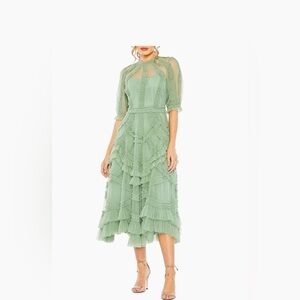 Mac Duggal Green Midi Dress with Elegant Ruffles